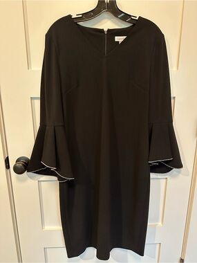 Calvin Klein Black V-Neck Bell Sleeve Midi Dress with Rhinestone Edge